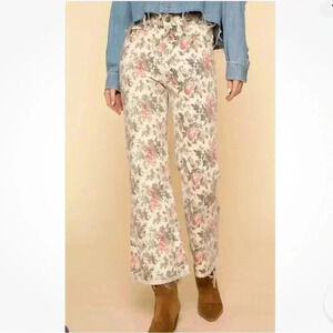 NWT THE GREAT kick bell flare cropped fray hem jeans cream enchanted floral 29